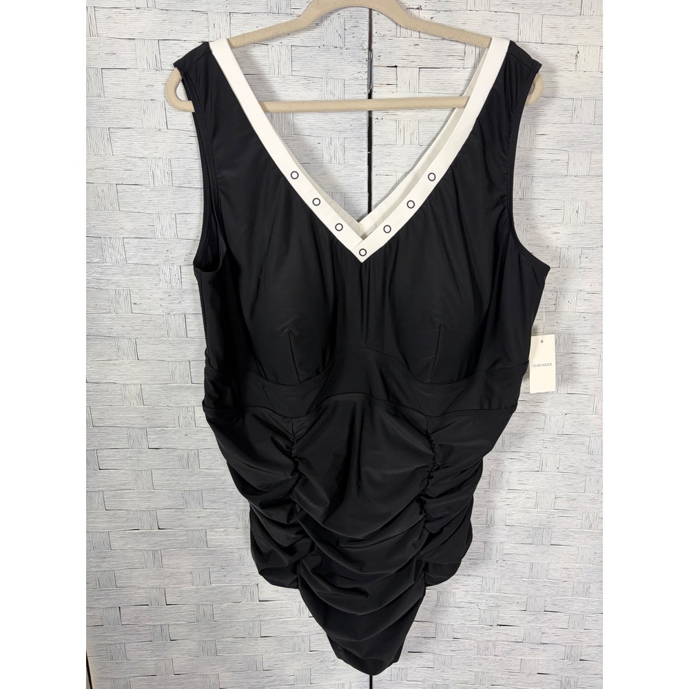 Curvagile Womens Swimsuit One Piece V-Neck Ruched Grommet Detail Plus Size